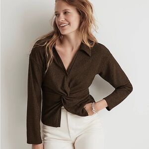 NWT Madewell Twist Front Long Sleeve Shimmery Top Womens S Green Button Mature